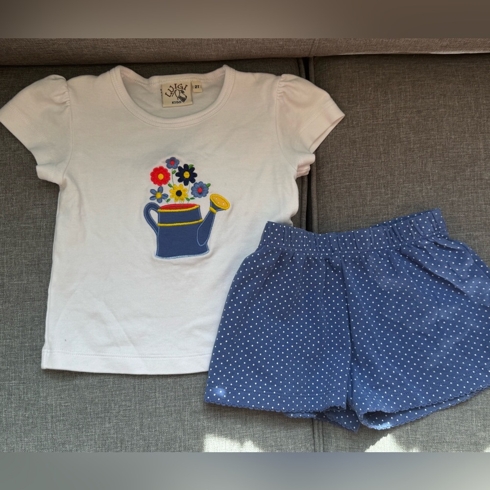 Luigi Kids Flower Water Can Applique Shirt and Blue Polka Dot Shorts Set-2T